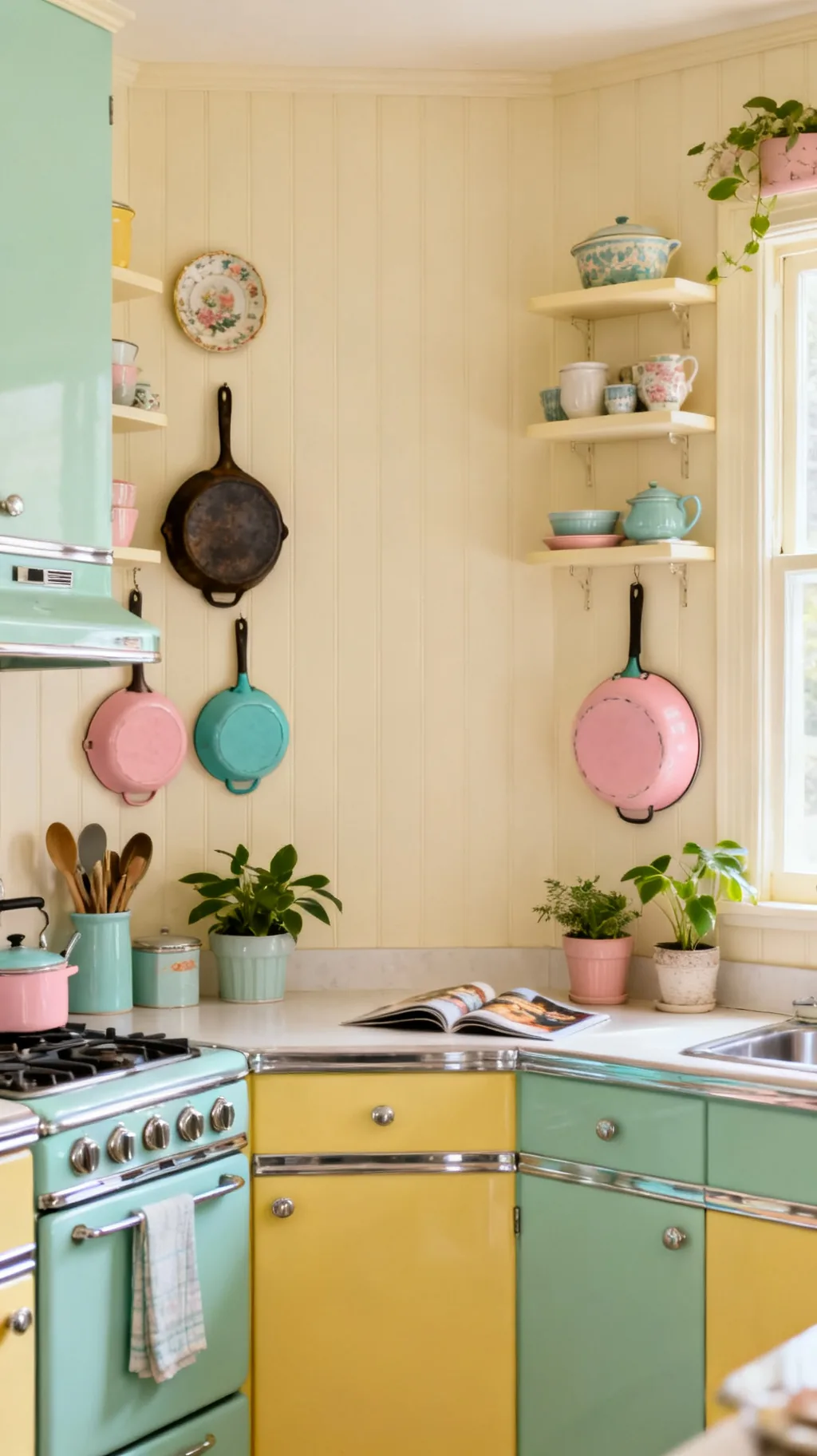 Cast iron and enamel pans as kitchen wall decor