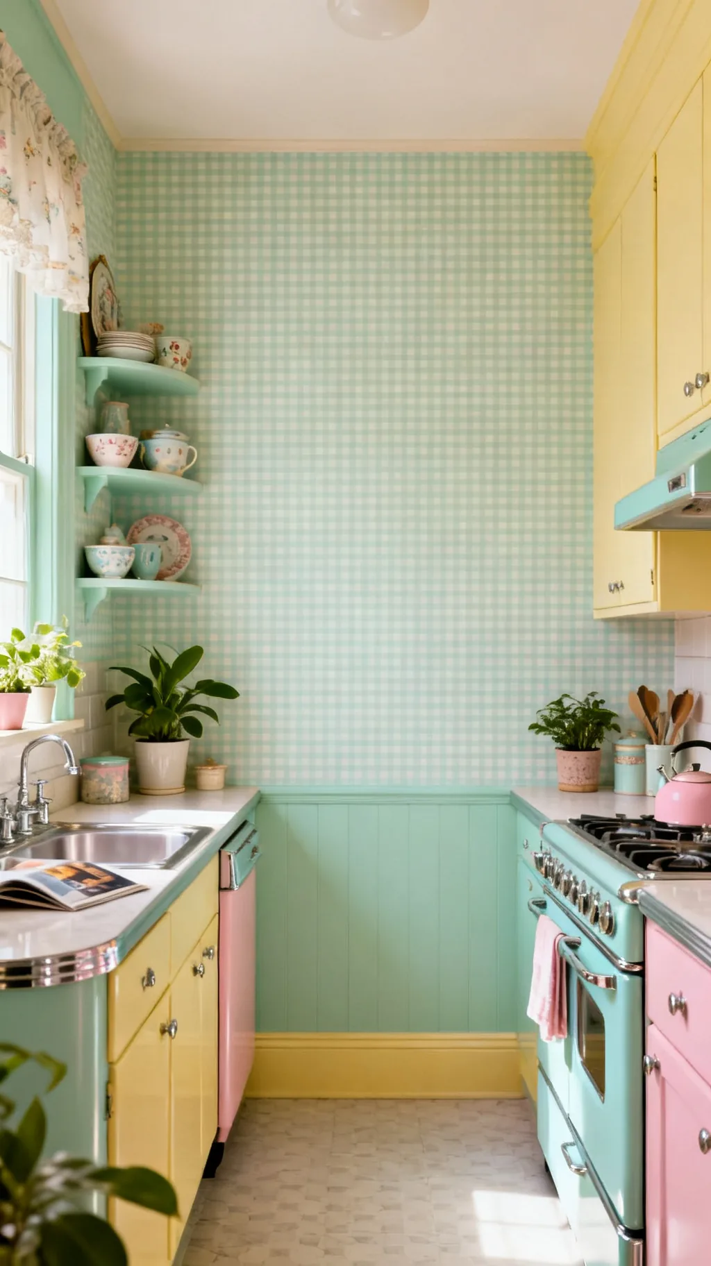 Vintage wallpaper accent as kitchen wall decor