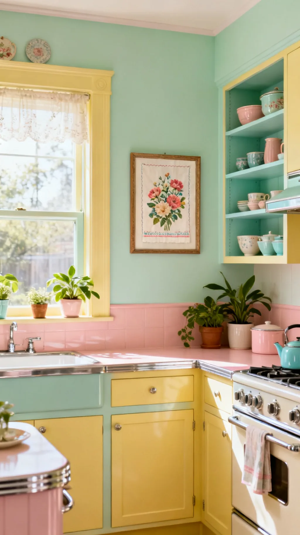 Framed vintage tea towel as kitchen wall decor