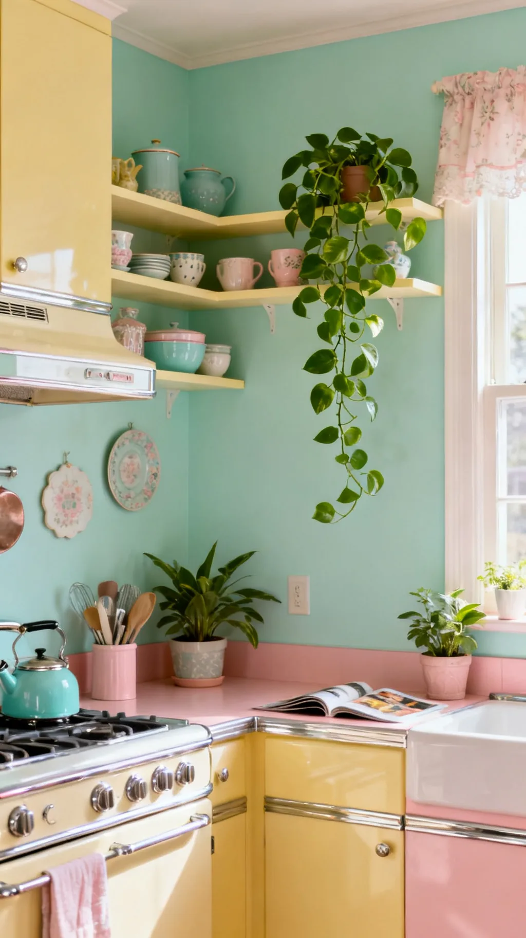 Trailing plants layered with vintage kitchen wall decor