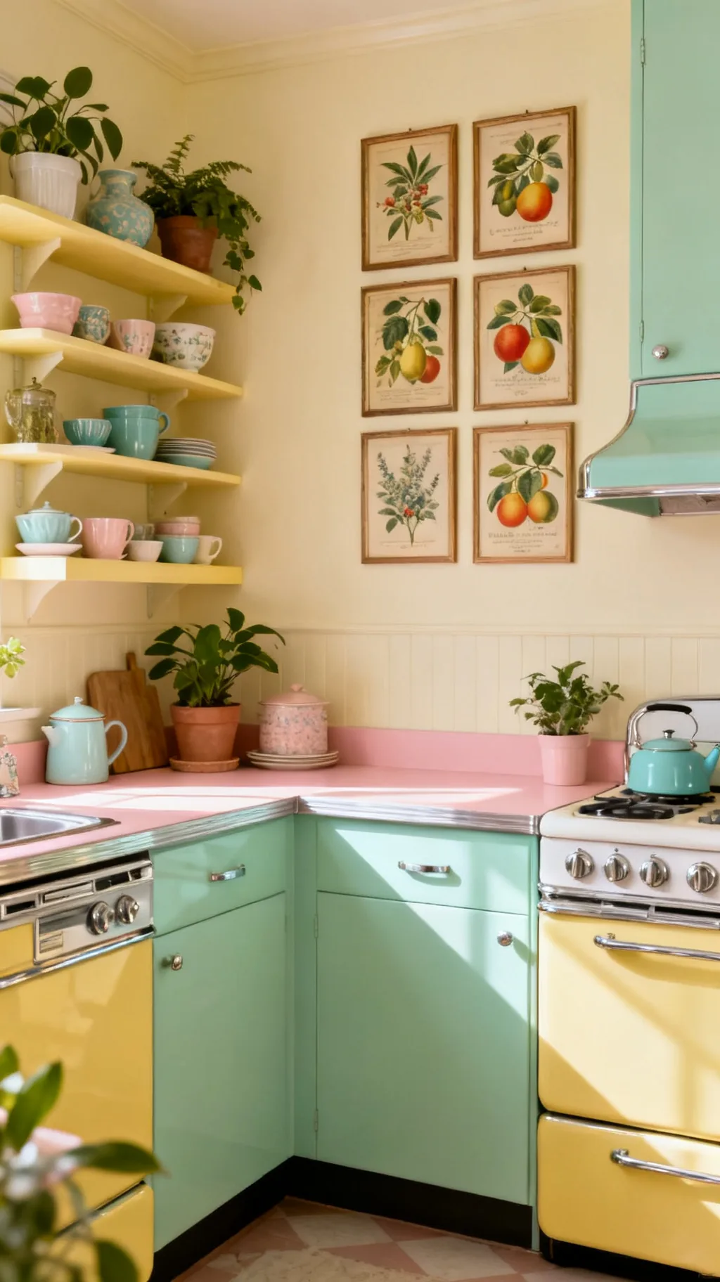 Vintage botanical print gallery in a kitchen