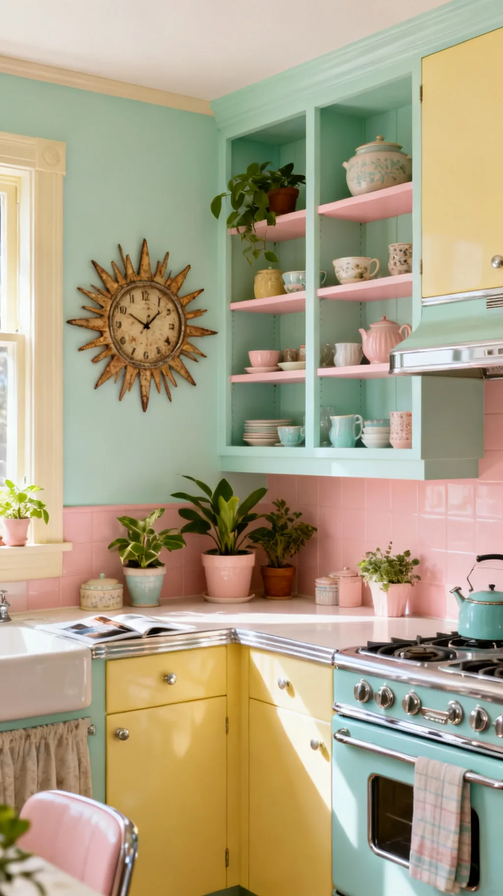 Retro wall clock as vintage kitchen wall decor