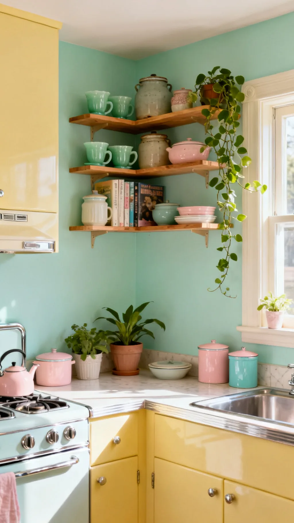 Open shelves with vintage finds as kitchen wall decor