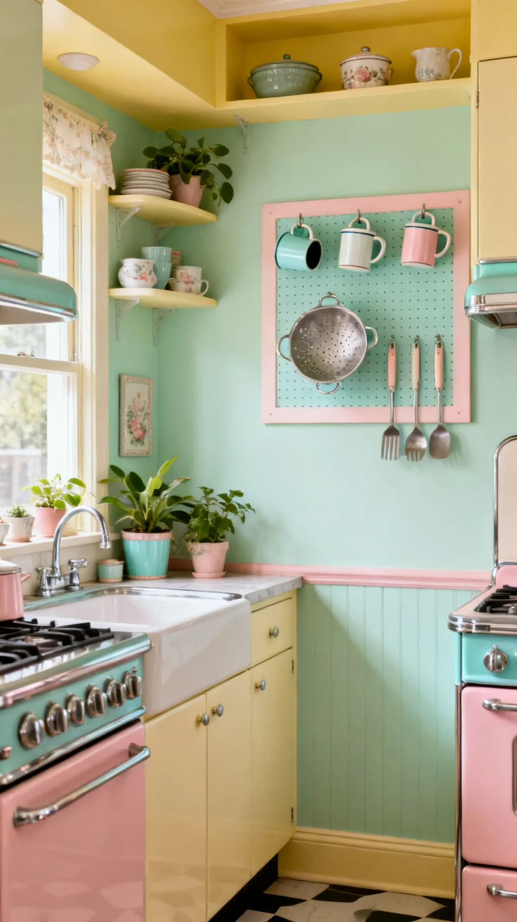 Pegboard with enamelware as kitchen wall decor