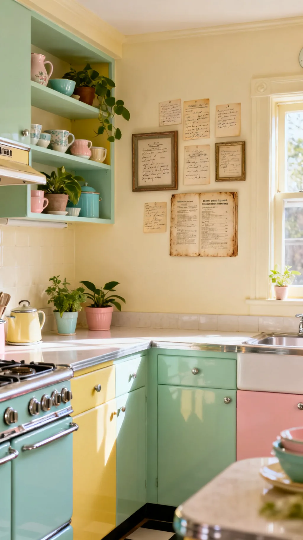 Framed vintage recipe cards as kitchen wall decor