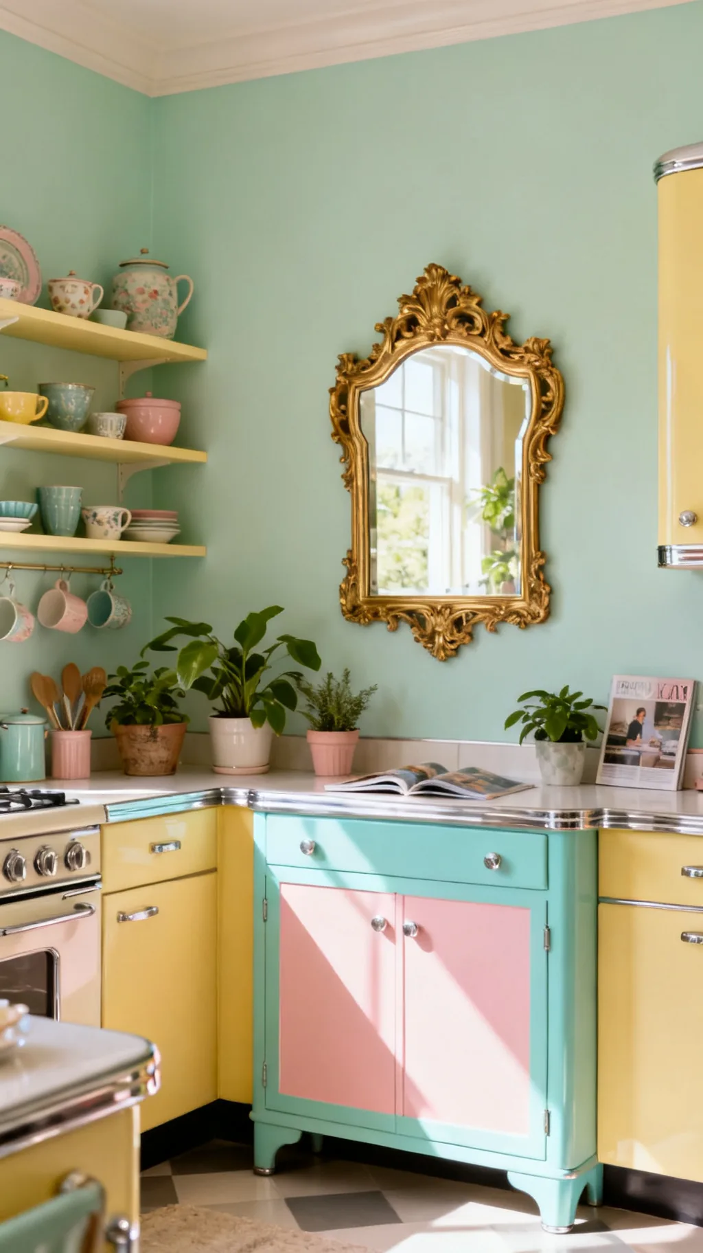 Vintage mirror as kitchen wall decor