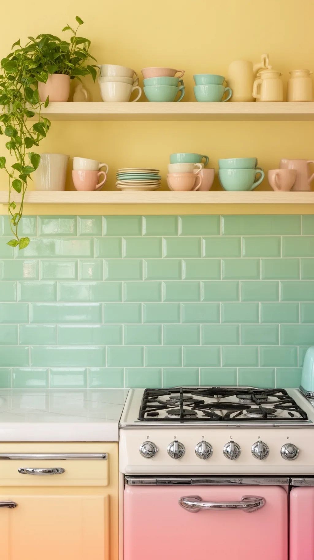 Mint subway tile backsplash