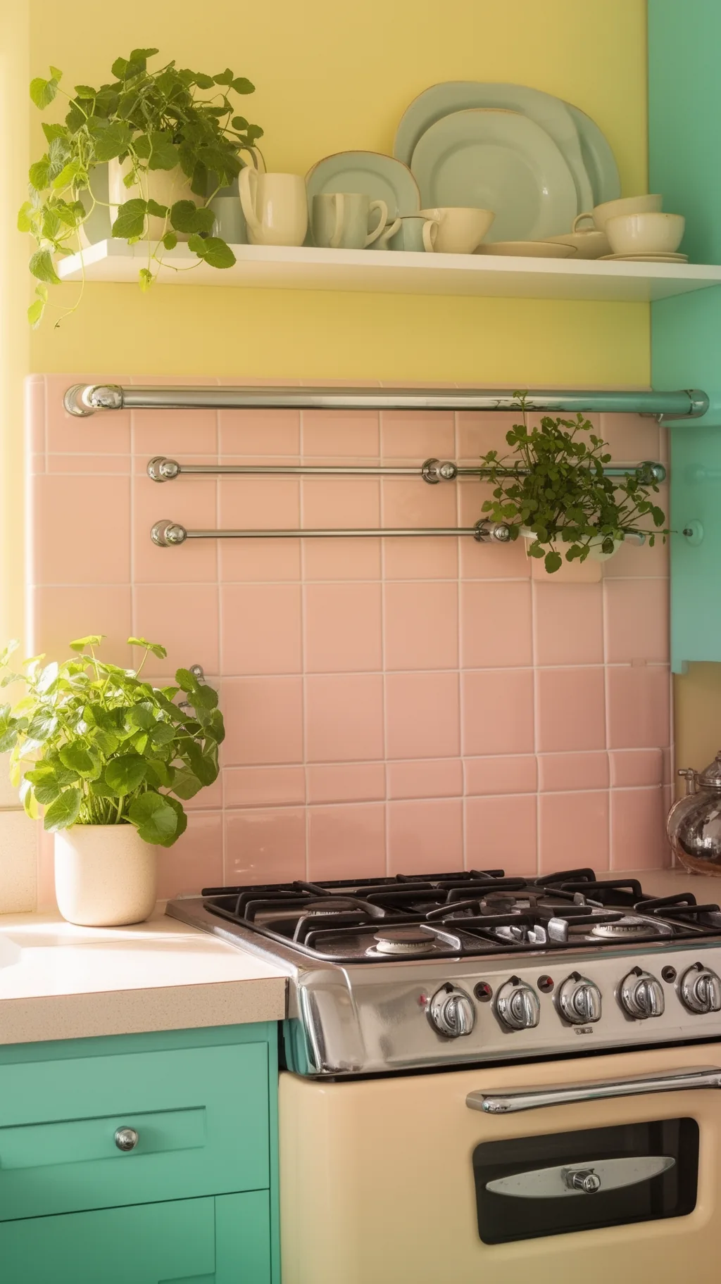 Blush pink tile backsplash