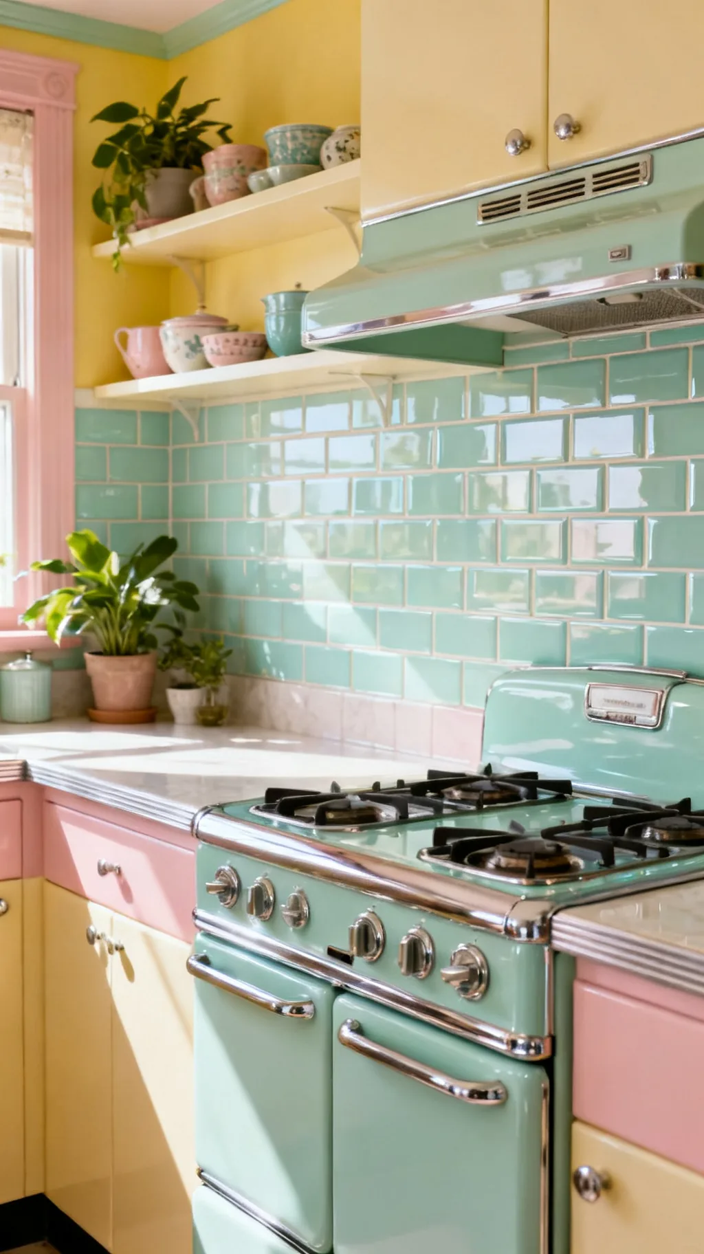 Glossy pastel subway tile retro kitchen backsplash