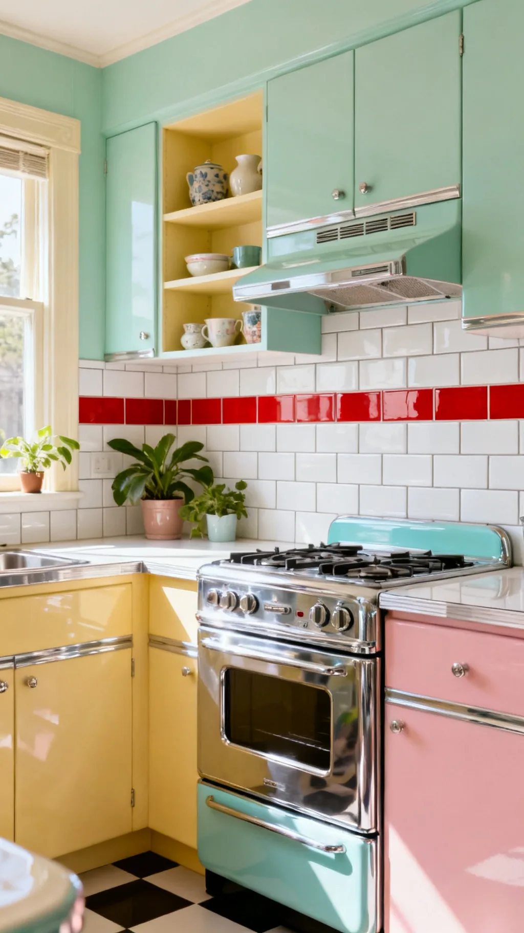 Cherry red accent retro kitchen backsplash