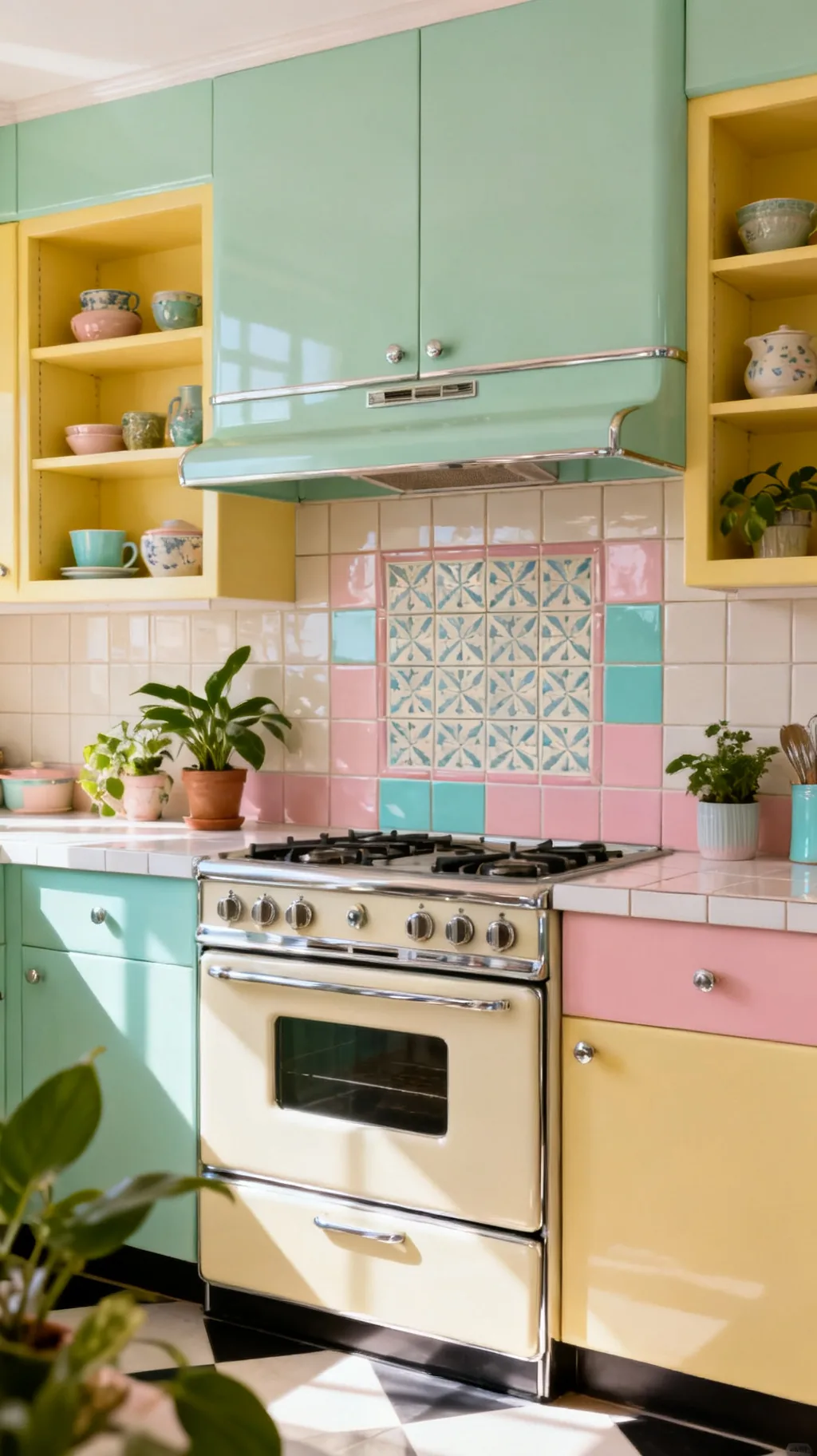 Patterned encaustic retro kitchen backsplash