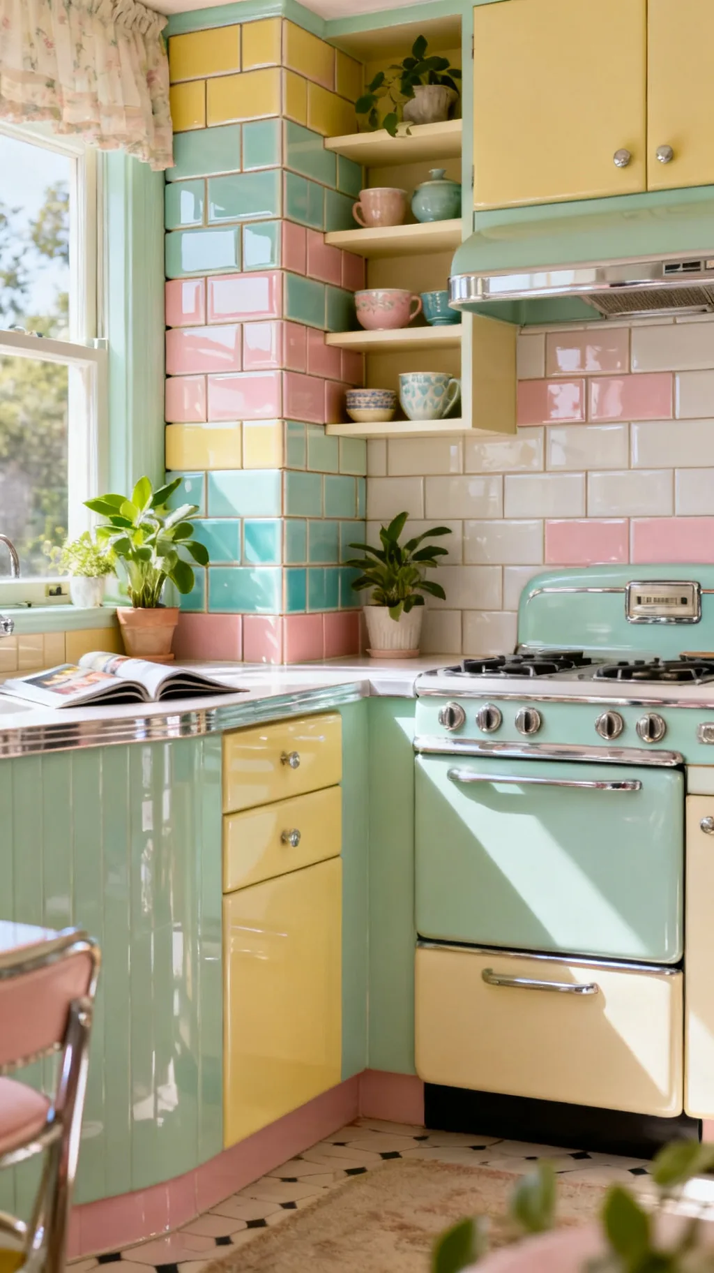 Vertical stacked subway retro kitchen backsplash
