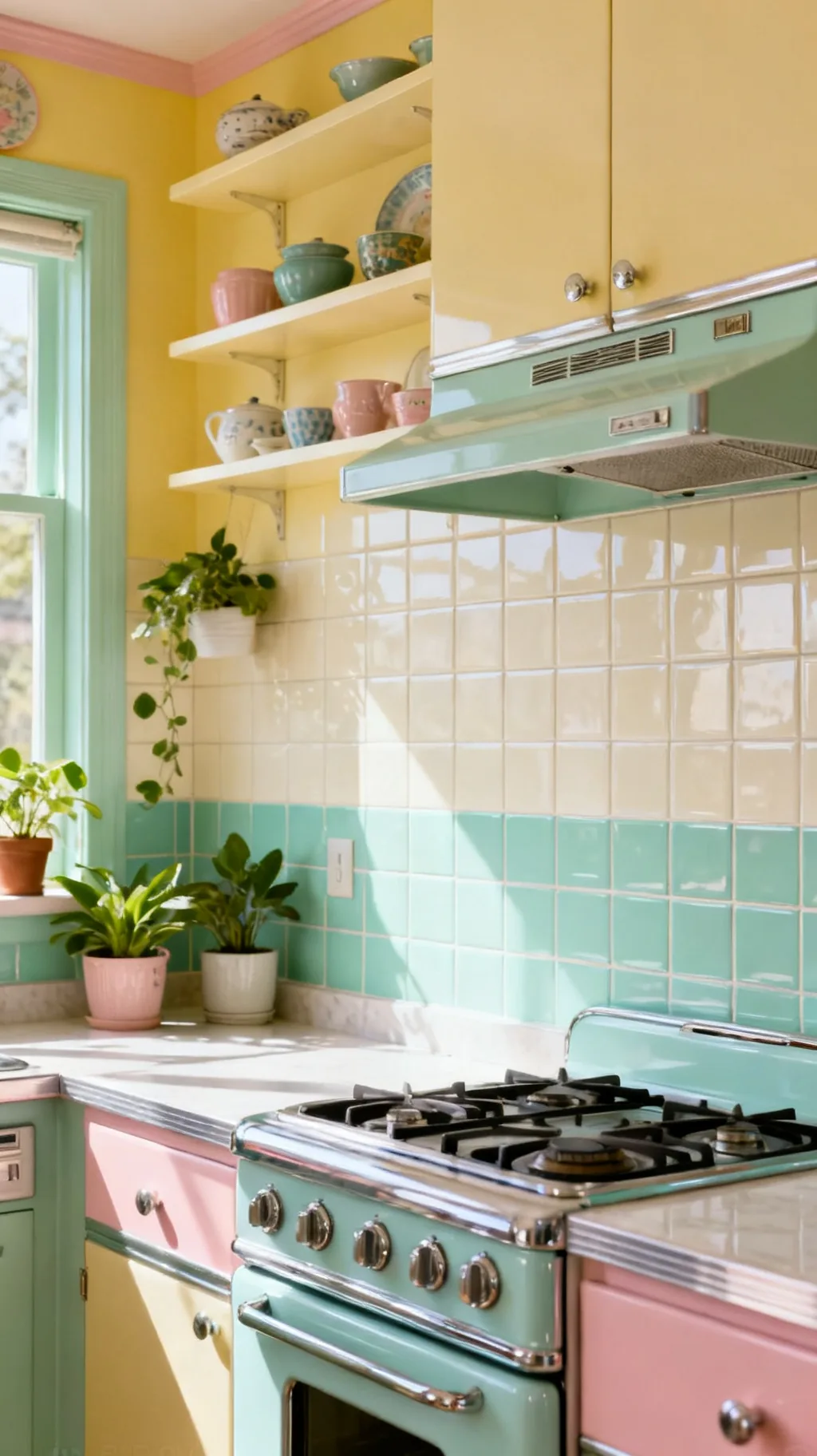 Two-tone color-block retro kitchen backsplash