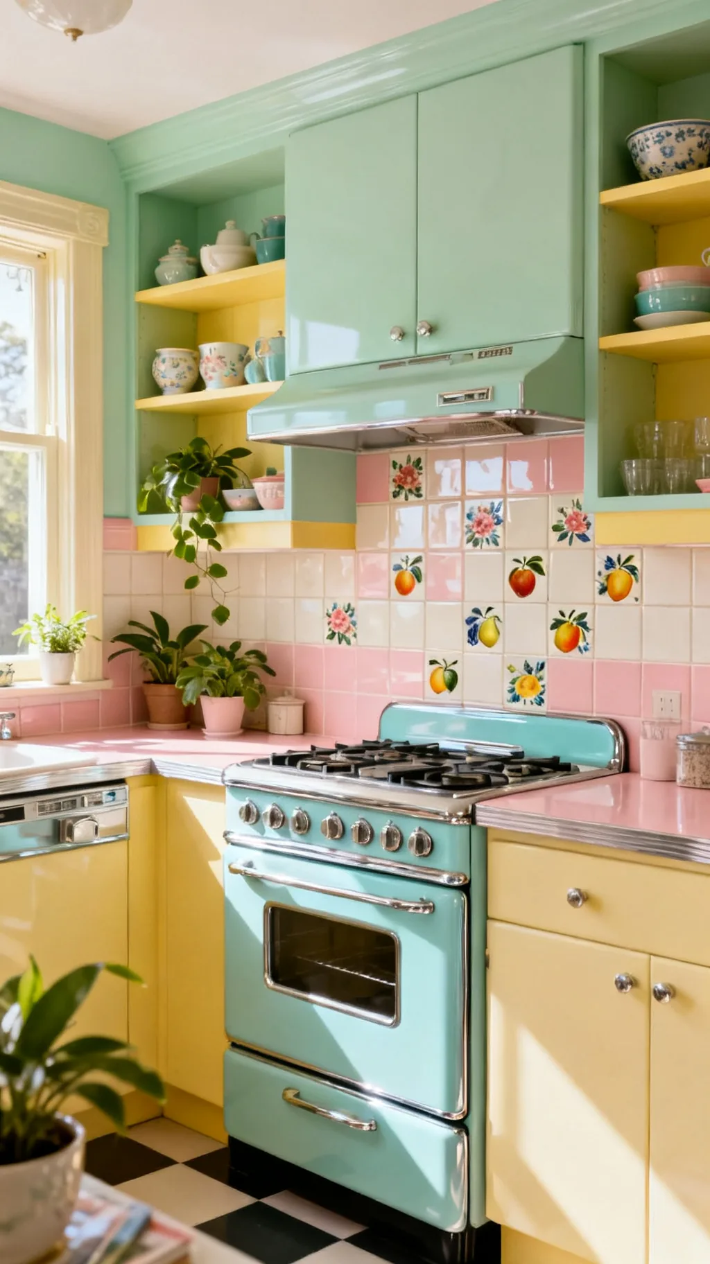 Hand-painted fruit tile retro kitchen backsplash