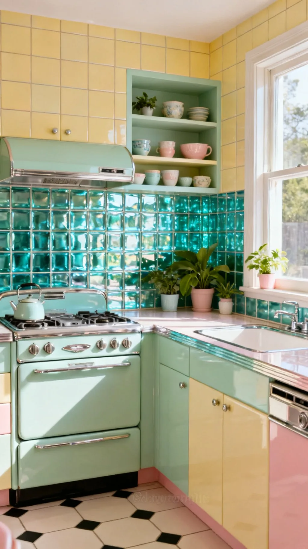 Glass tile retro kitchen backsplash