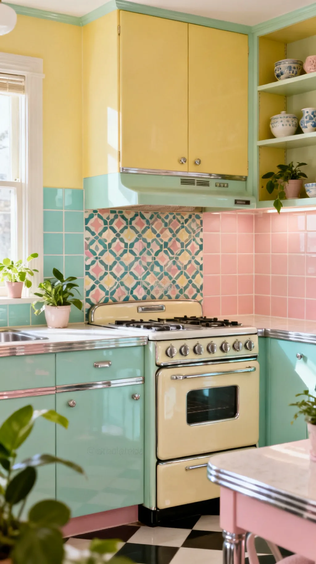 Bold feature retro kitchen backsplash behind the stove