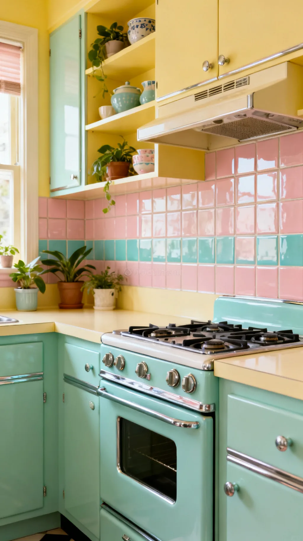 Retro kitchen backsplash tied to cabinets and counters