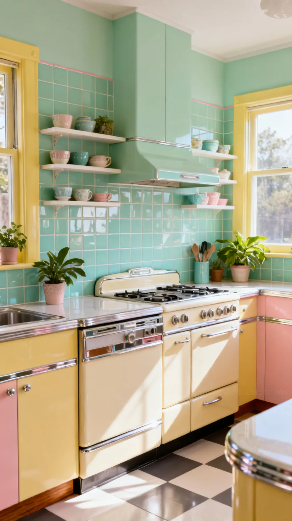 Mint green retro kitchen backsplash