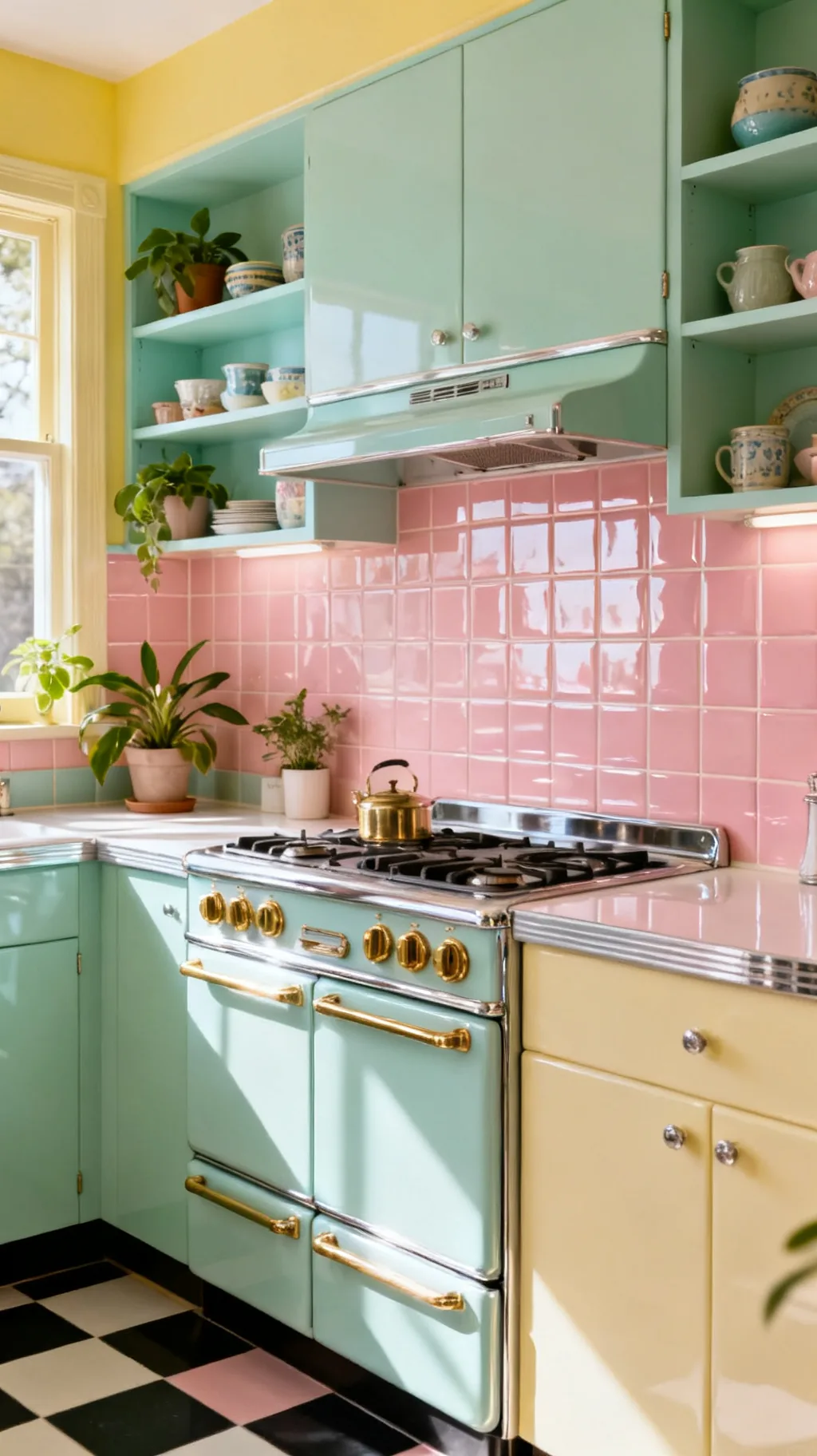 Blush pink retro kitchen backsplash