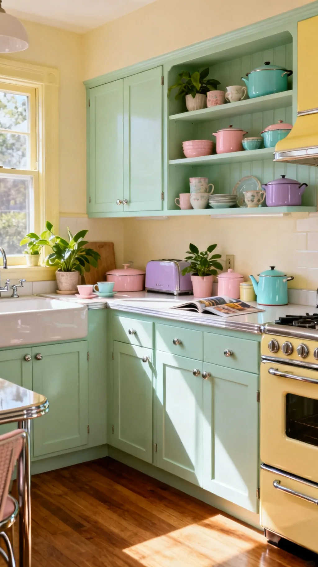 Soft mint green pastel kitchen cabinets