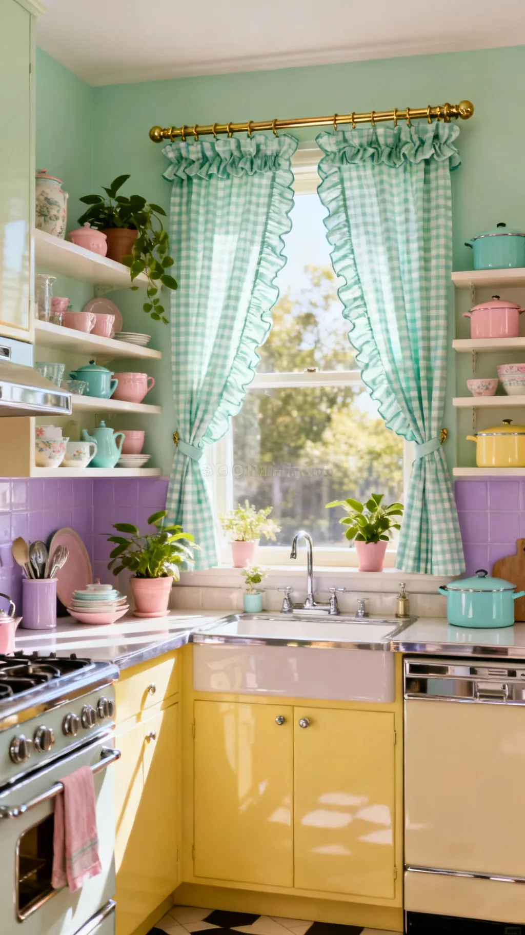 Ruffled gingham cafe curtains in a pastel kitchen