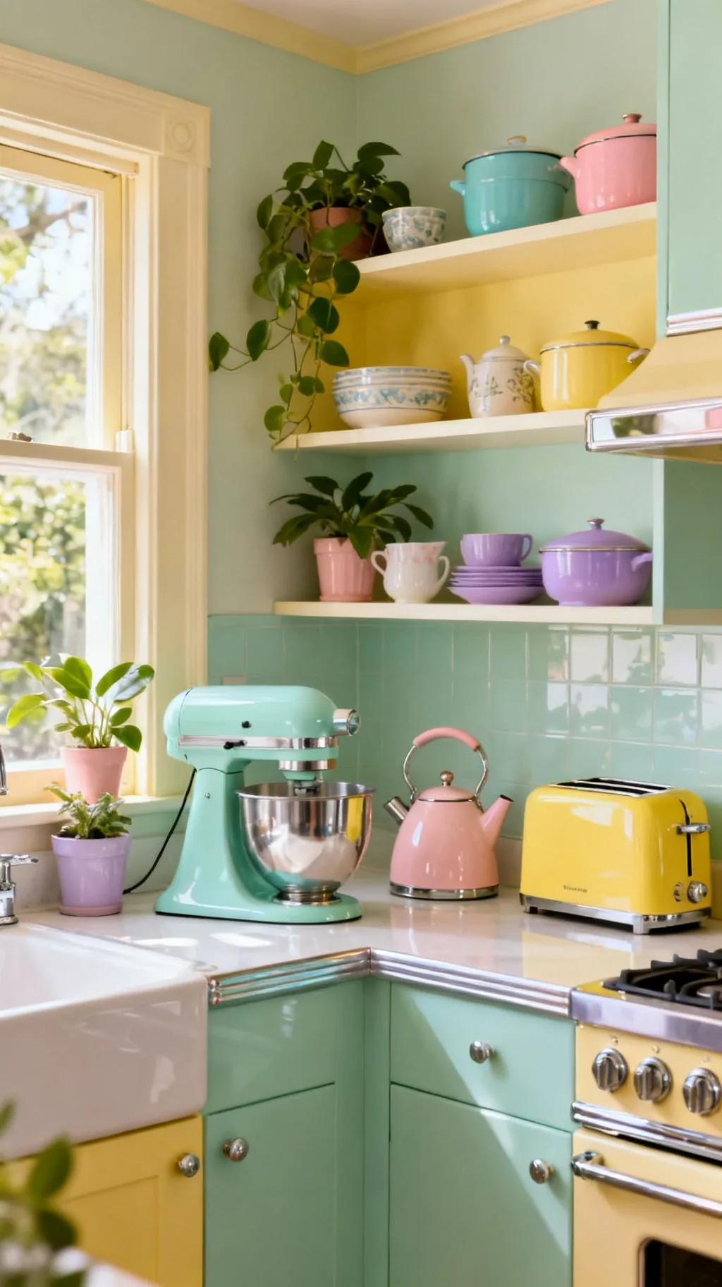 Pastel small appliances on a kitchen counter
