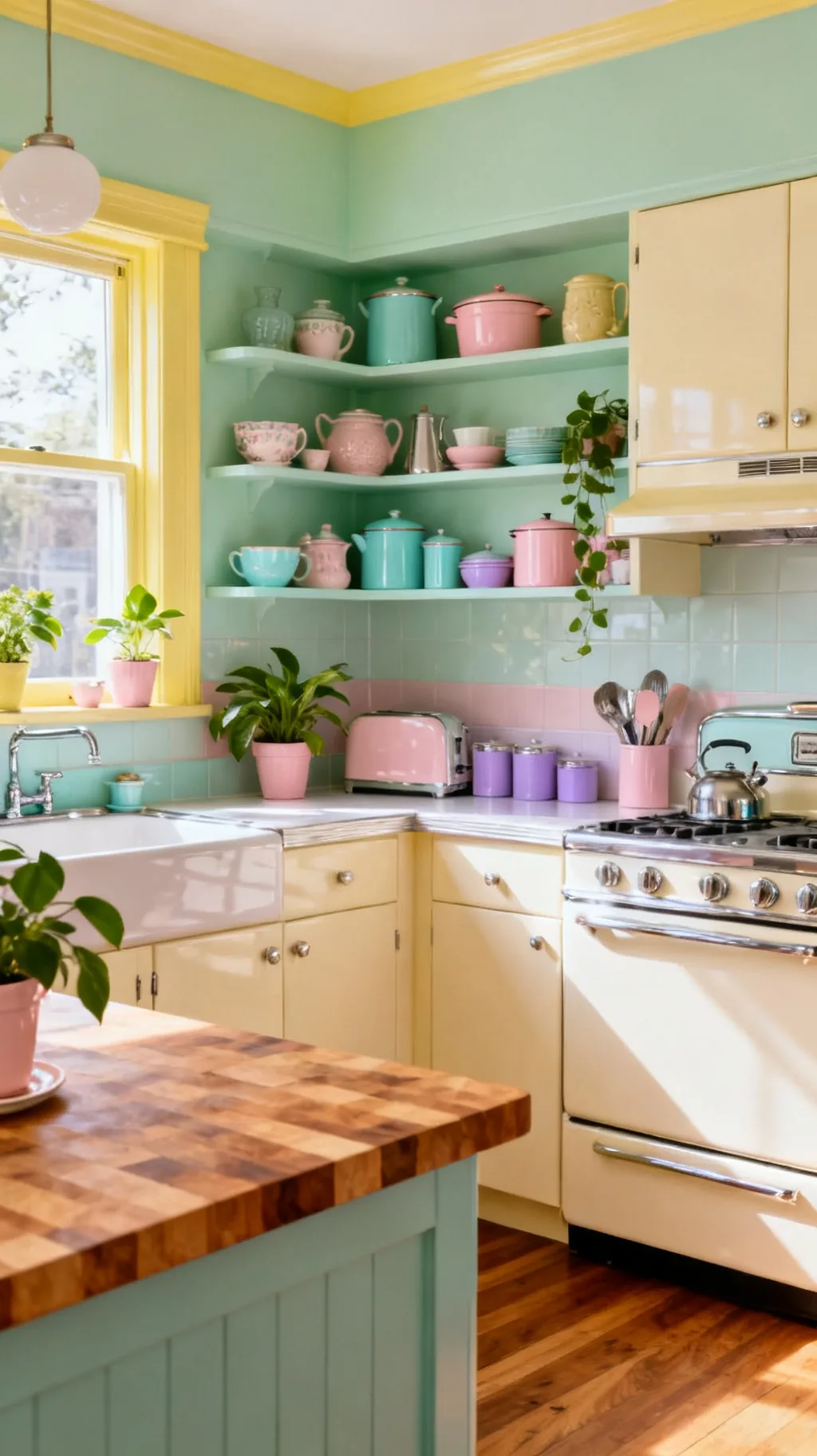 Pastel kitchen grounded with wood and cream