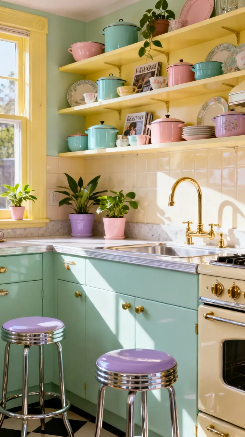 Chrome and brass accents in a pastel kitchen