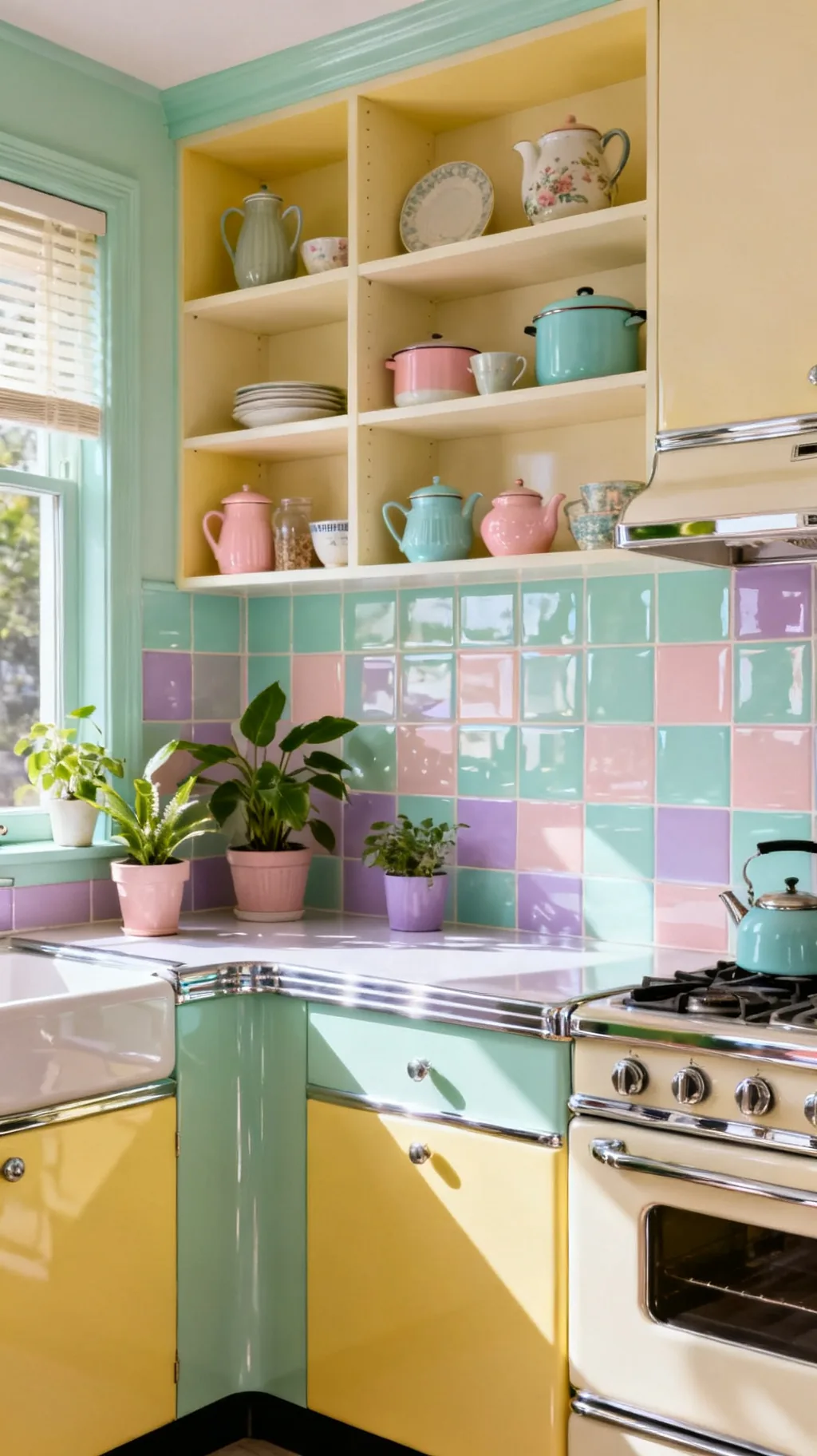 Pastel tile backsplash in a retro kitchen