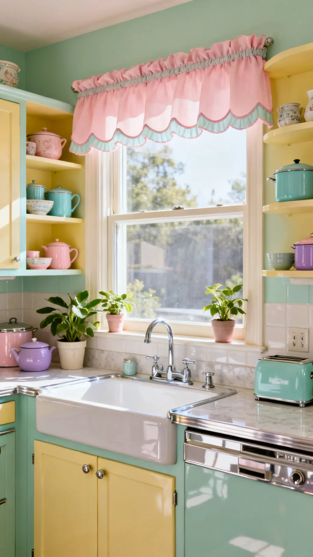 Pastel valance above a kitchen window