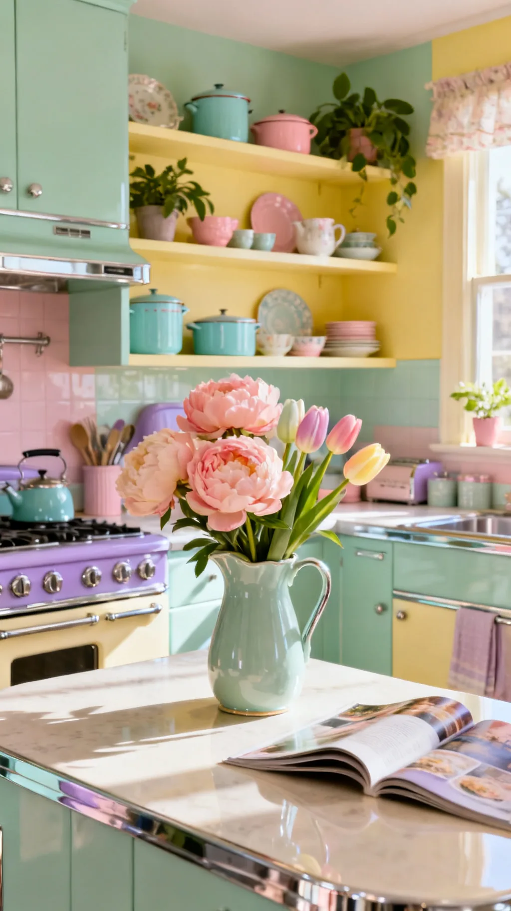 Pastel fresh flowers in a retro kitchen