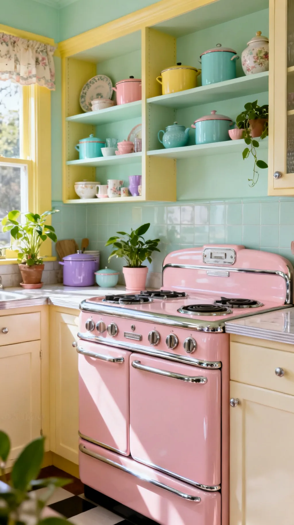 Pastel pink retro stove in a vintage kitchen