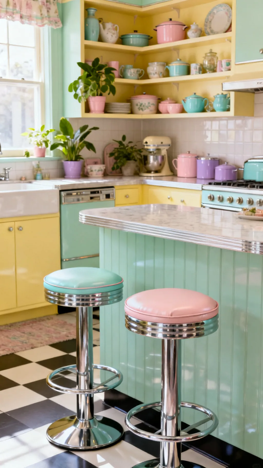 Pastel retro bar stools at a kitchen island