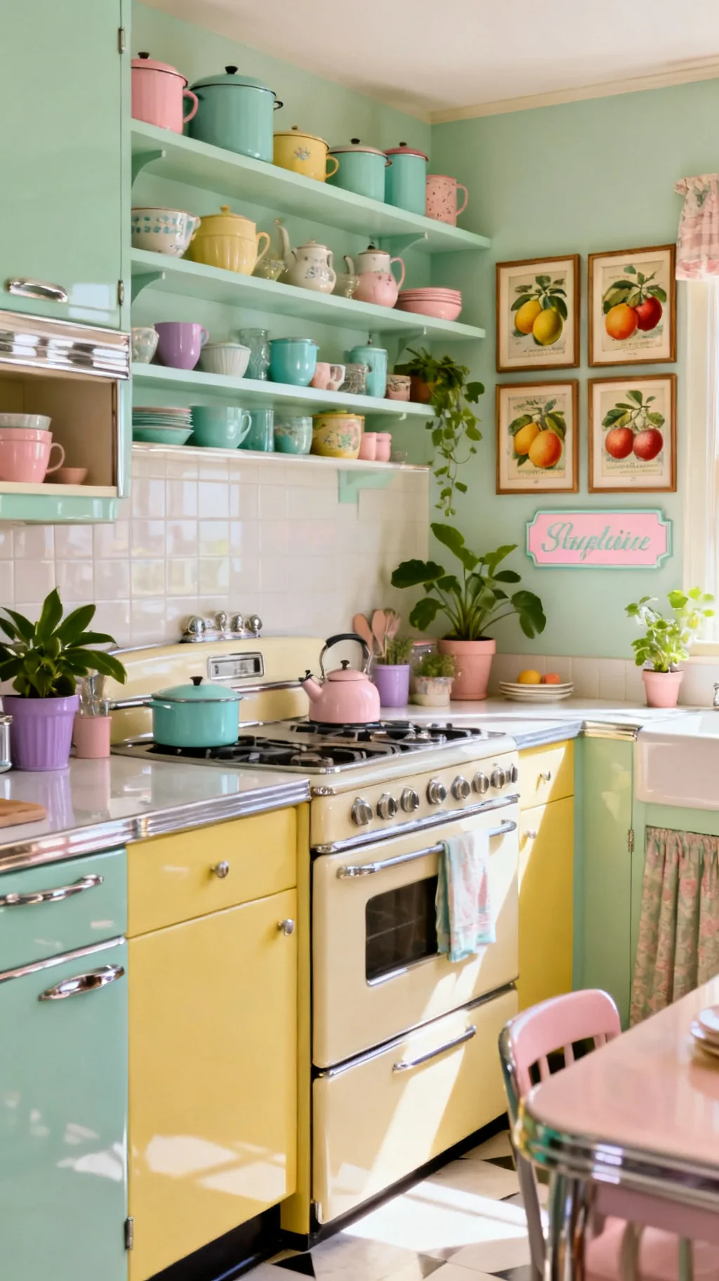 Pastel wall art in a retro kitchen