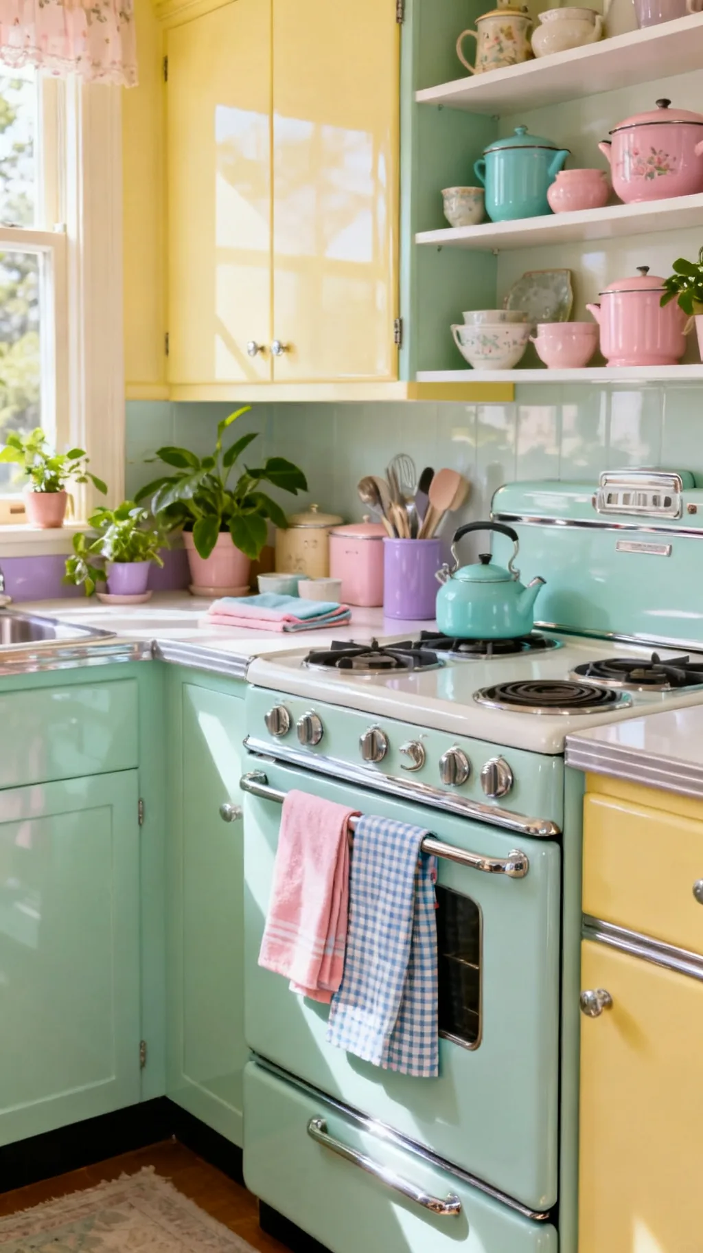 Pastel linens and tea towels in a retro kitchen
