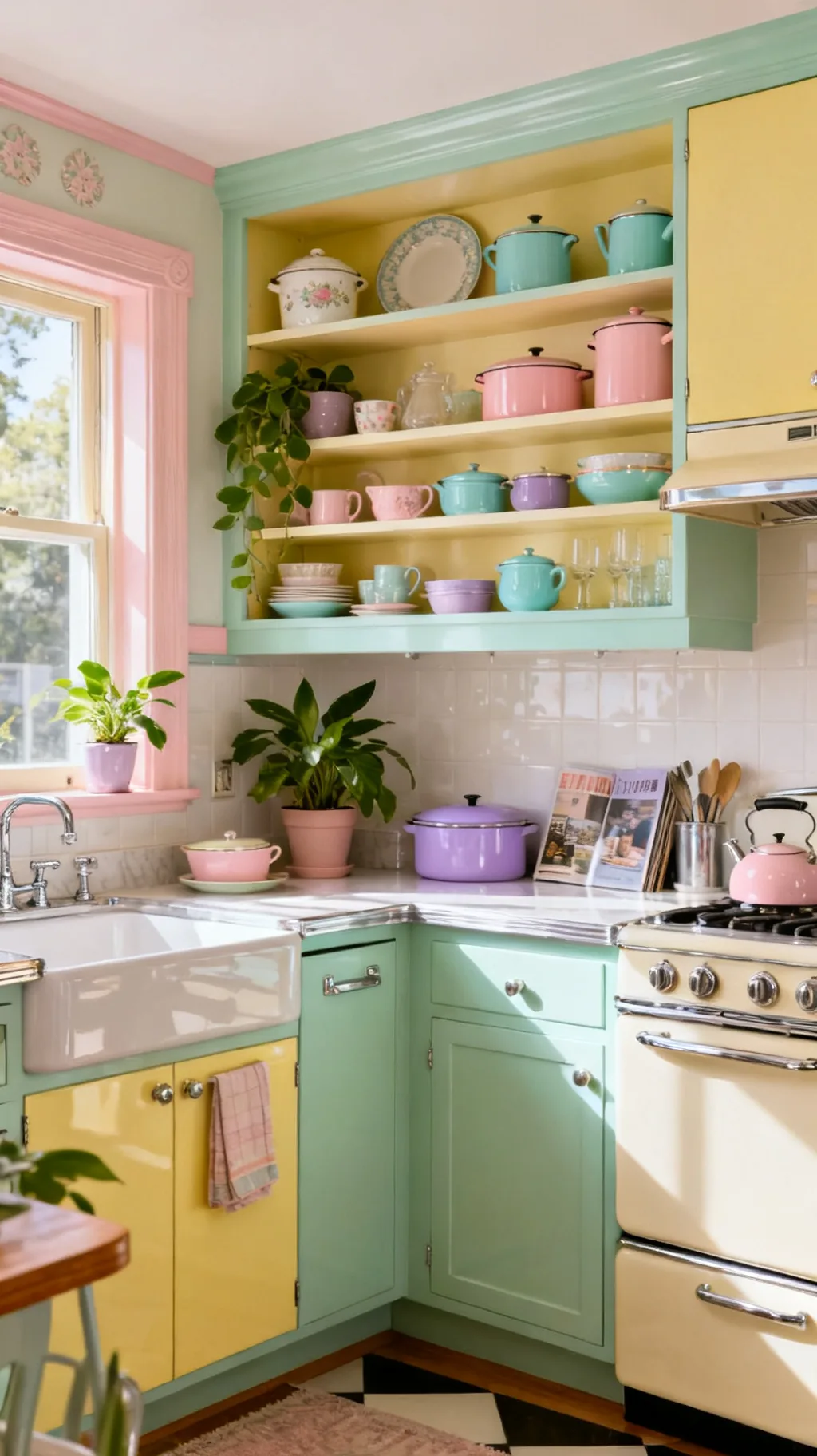 Cohesive soft pastel retro kitchen palette