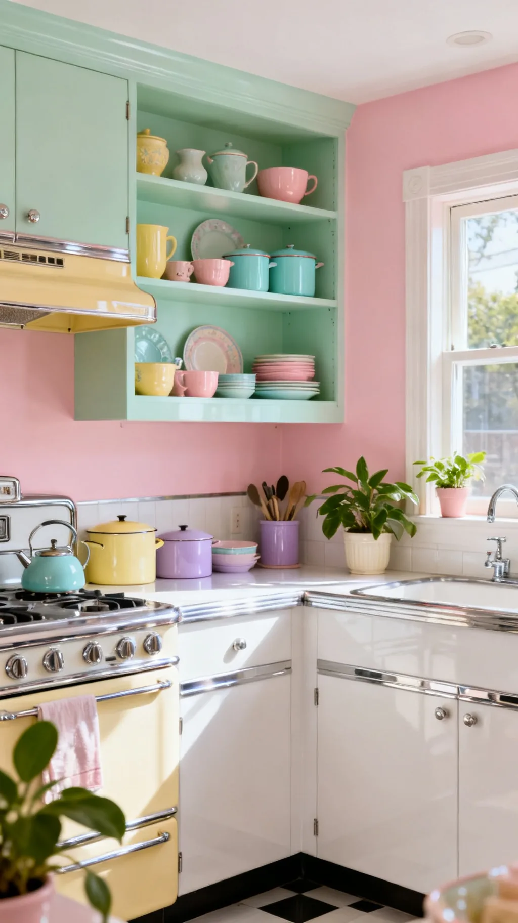 Blush pink accent wall in a pastel kitchen