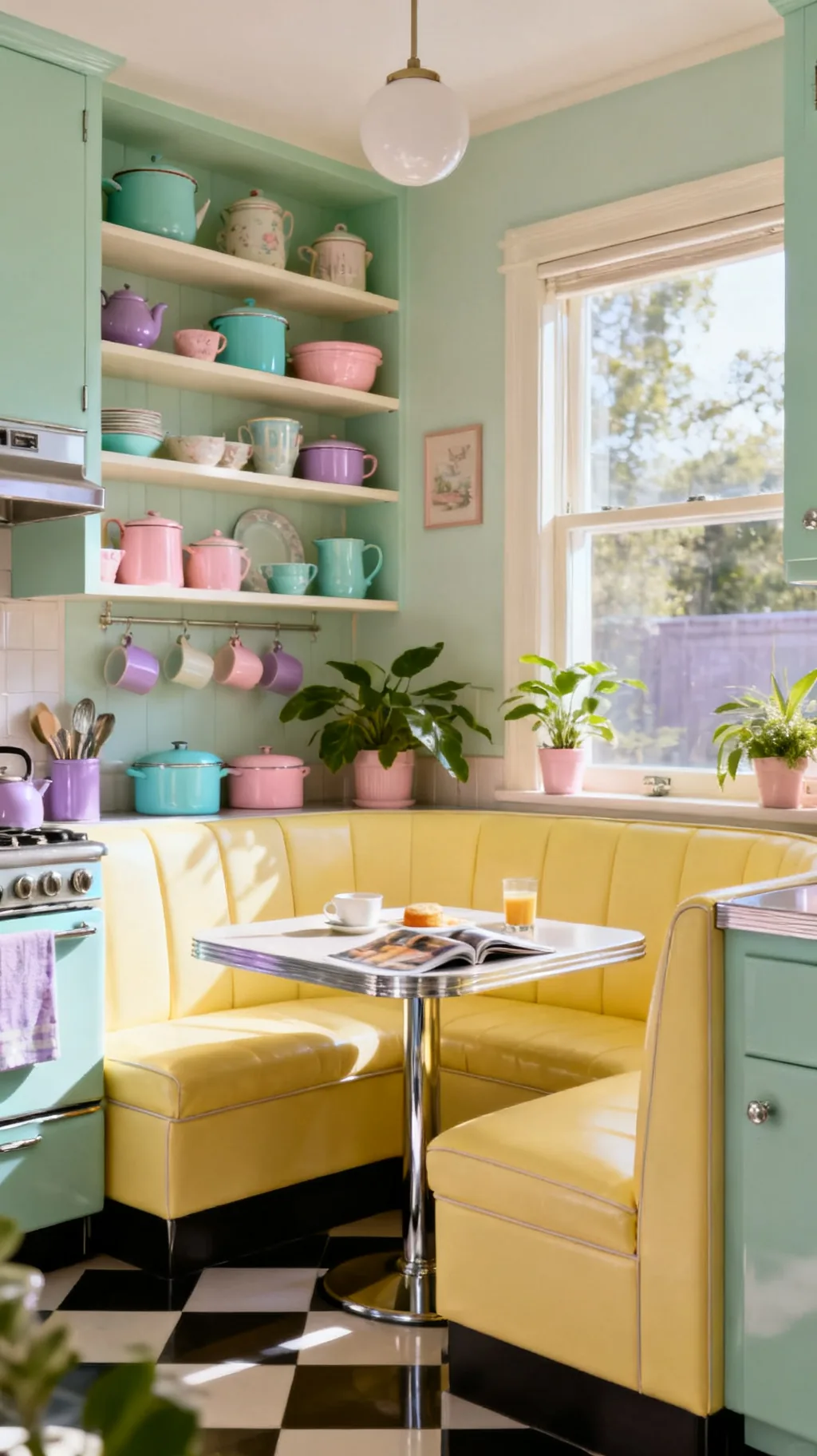 Butter yellow breakfast nook in a pastel kitchen