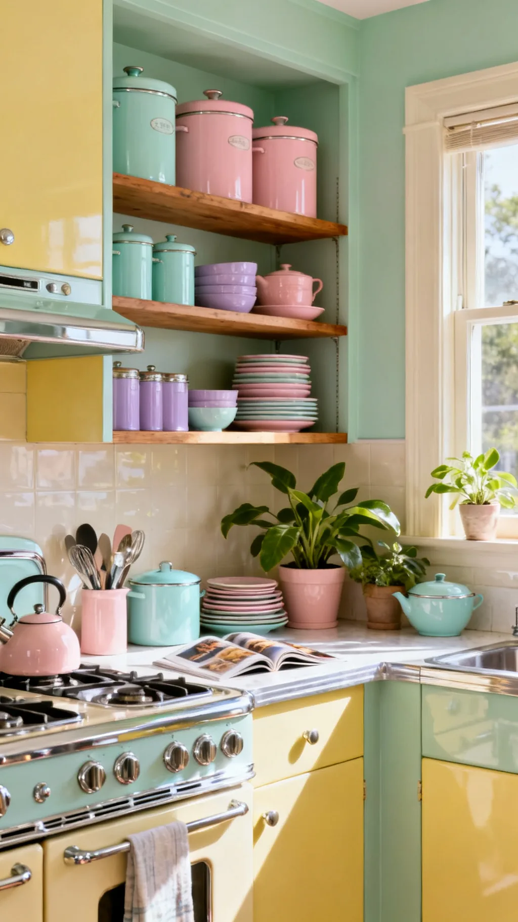 Open shelves with pastel enamelware