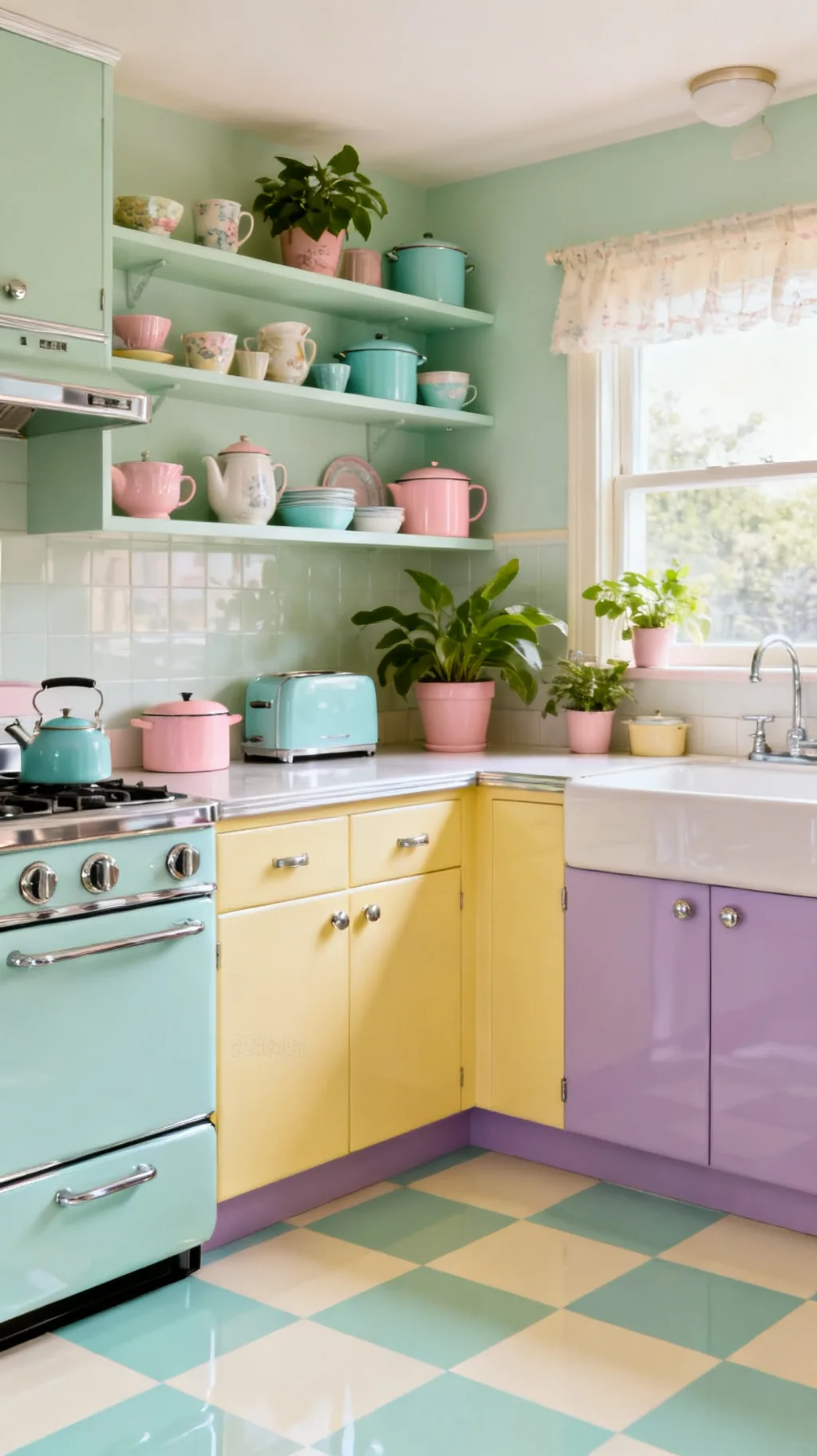 Pastel checkerboard kitchen floor