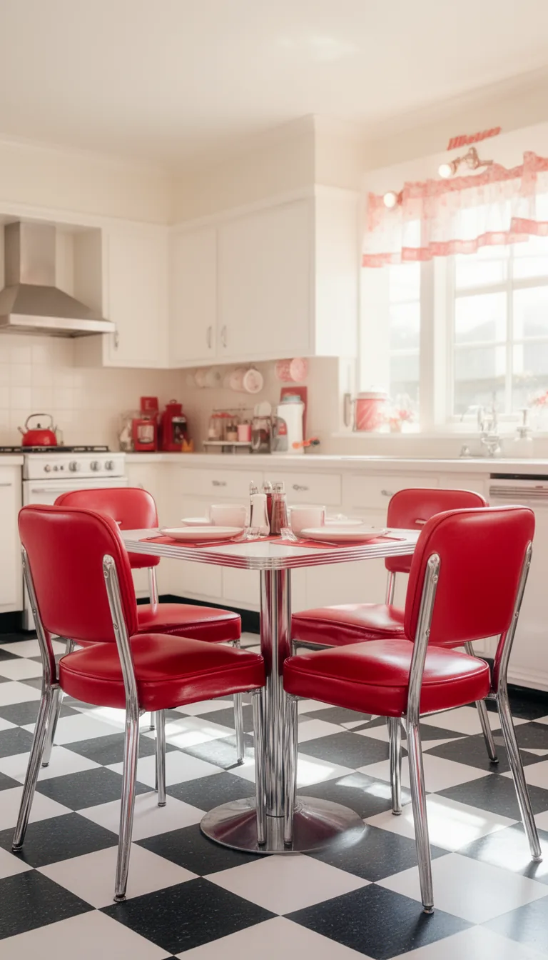 Chrome and red vinyl retro kitchen table and chairs set - look 1