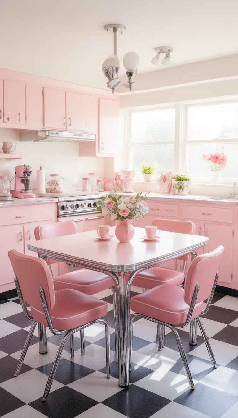 Pastel pink retro kitchen table and chairs - look 1