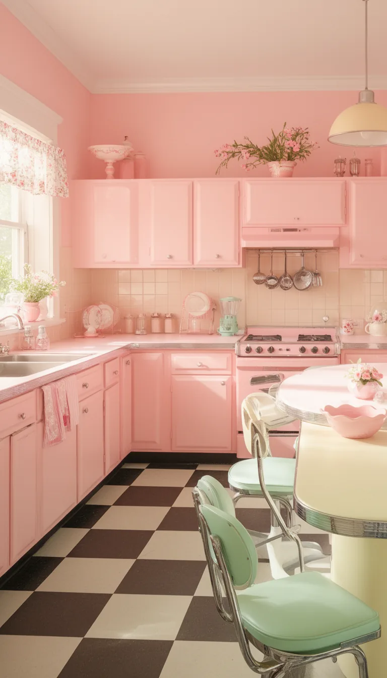 Pastel pink retro kitchen table and chairs - look 2