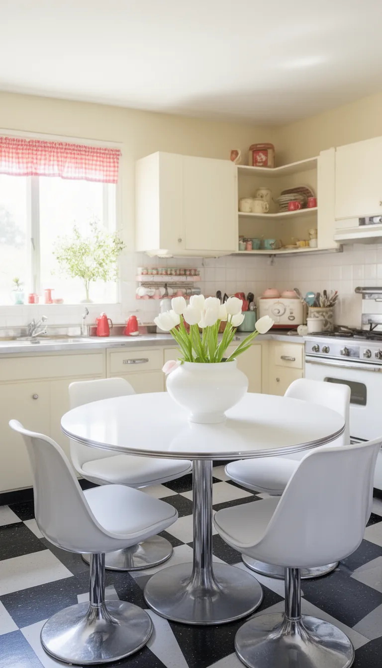 White tulip pedestal retro kitchen table and chairs - look 4