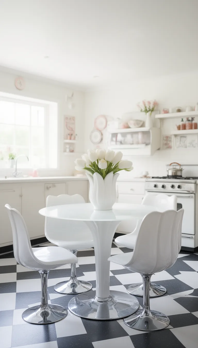 White tulip pedestal retro kitchen table and chairs - look 5