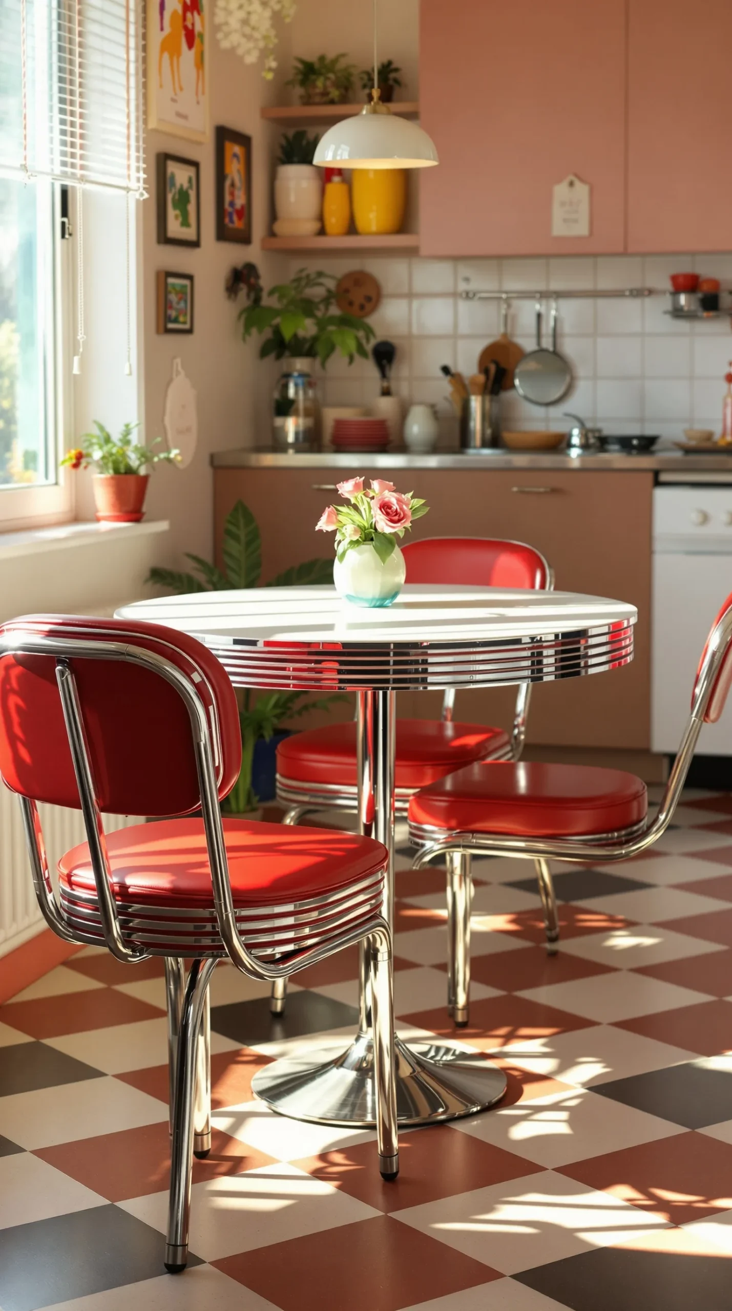 Chrome and red vinyl retro kitchen table and chairs set in a diner-style kitchen