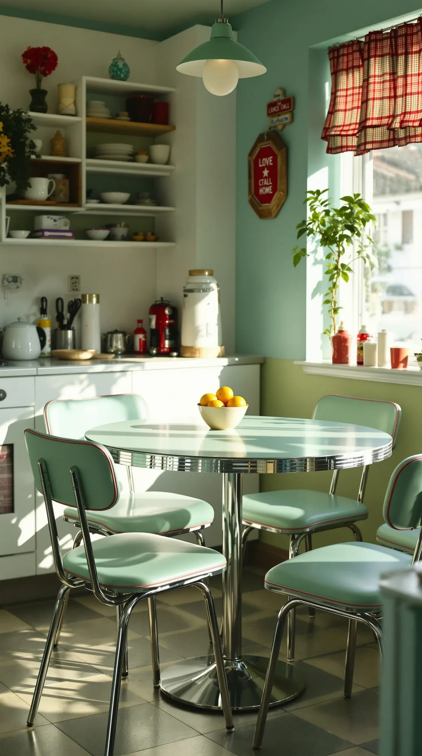 Mint green formica retro kitchen table and chairs with chrome legs