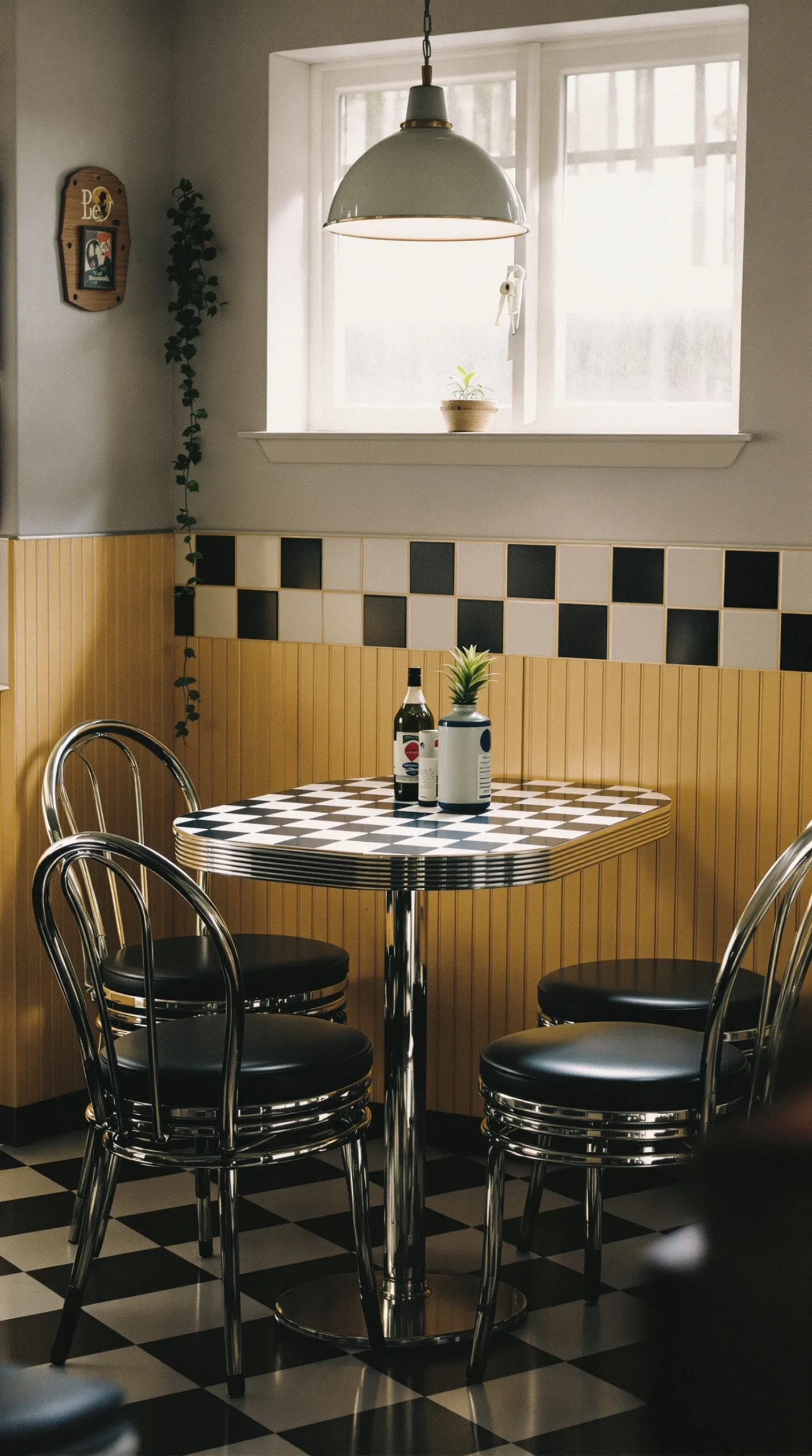 Black and white checkerboard top retro kitchen table and chairs