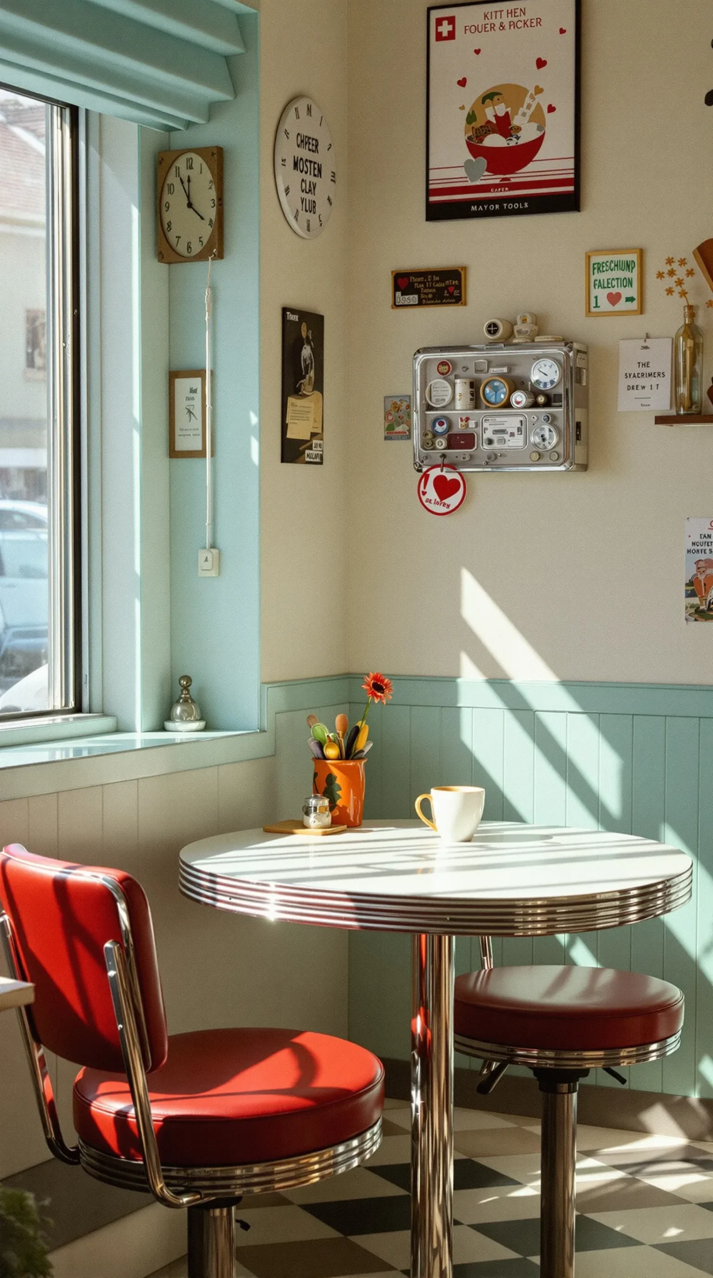 White retro kitchen table and chairs with cherry red vinyl seats