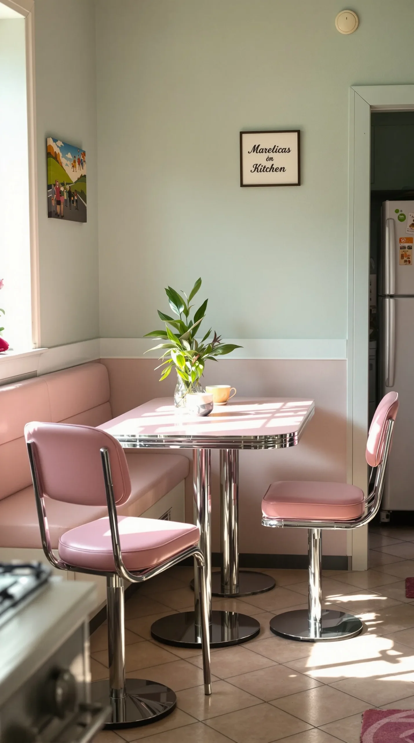 Pastel pink formica retro kitchen table and chairs set with chrome legs
